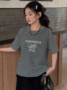 DAZY Tween Girls' Casual Striped Bow Letter Rhinestone Embellished Short Sleeve T-Shirt, Summer - Black and White - View 6