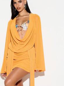 KIZN Sparkle Cowl Neck Draped Mustard Mini Dress With Long Sleeves For Evening Party Occasions - Orange - View 4