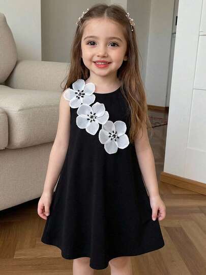 SHEIN 女童撞色拼接3D立体花卉无袖休闲连衣裙