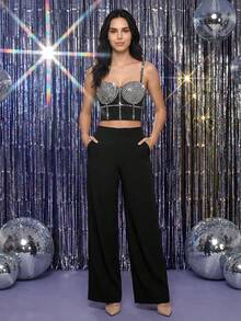 Anewsta Elegant, Sexy, Exquisite, Luxury Mature Style Full-Coverage Iridescent Crystal Embellished Camisole Crop Top - Black - View 1