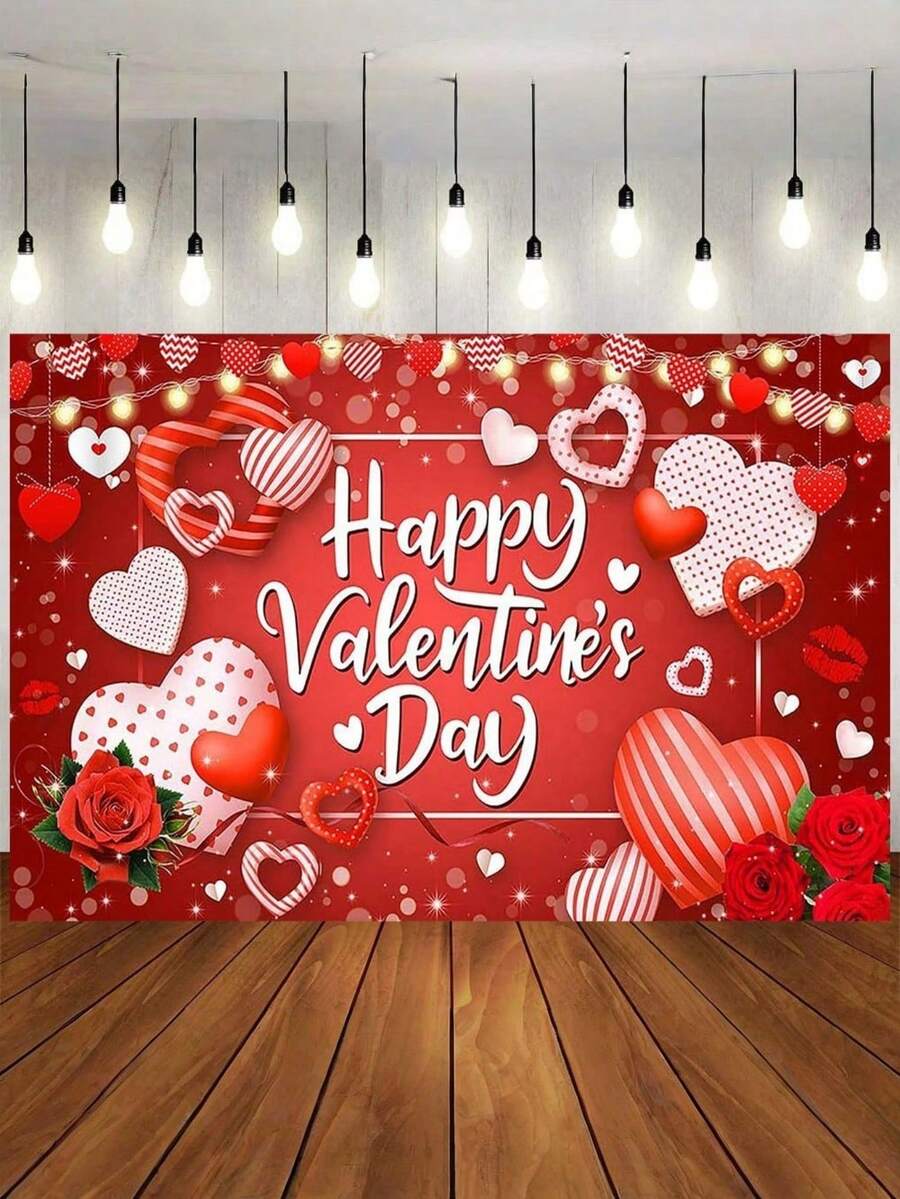 1 pieza Pancarta de fondo para el Día de San Valentín con rosas rojas, fondo temático de corazones para photocall, decoraciones y suministros para la fiesta del Día de San Valentín - Multicolor - Ver 1