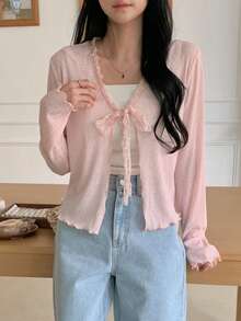 DAZY 女士蕾丝边蝴蝶结薄款T恤 - 粉色 - 查看 9