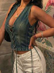 SHEIN ICON 女士休闲水洗交叉无袖牛仔衬衫 - 深色水洗藍 - 查看 4