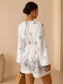 Vesra 女士印花V领长袖休闲连体裤 - 白色 - 查看 2