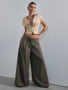 Hauture Women's Fashionable Solid Color Mid-Rise Wide Leg Pants, Old Money Aesthetic, Autumn Office Work Outfits, Elegant, Brunch Olive Green - Dark Grey - View 4