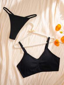 NudeFit 2pcs/Set Plus Size Women Seamless Jacquard Wireless Bra And Thong Panty Set, Casual Minimalist - Black - View 8