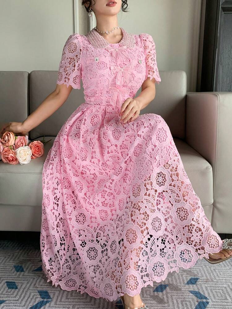 Lace Collar Waist Cinching Sweet Dress, High-End French Style Elegant Long Dress