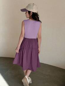 Dazy Kids Tween Girl Letter Print Ruffle Hem Pocketed Sleeveless Dress - Purple - View 3