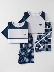 Boys' Casual Navy Blue & Gray Plaid Pattern Teddy Bear Print Short Sleeve Pajama Set - Royal Blue - View 7