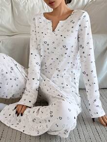 DAZY Heart & Ditsy Floral V-Neck Women Pajama Set - White - View 4