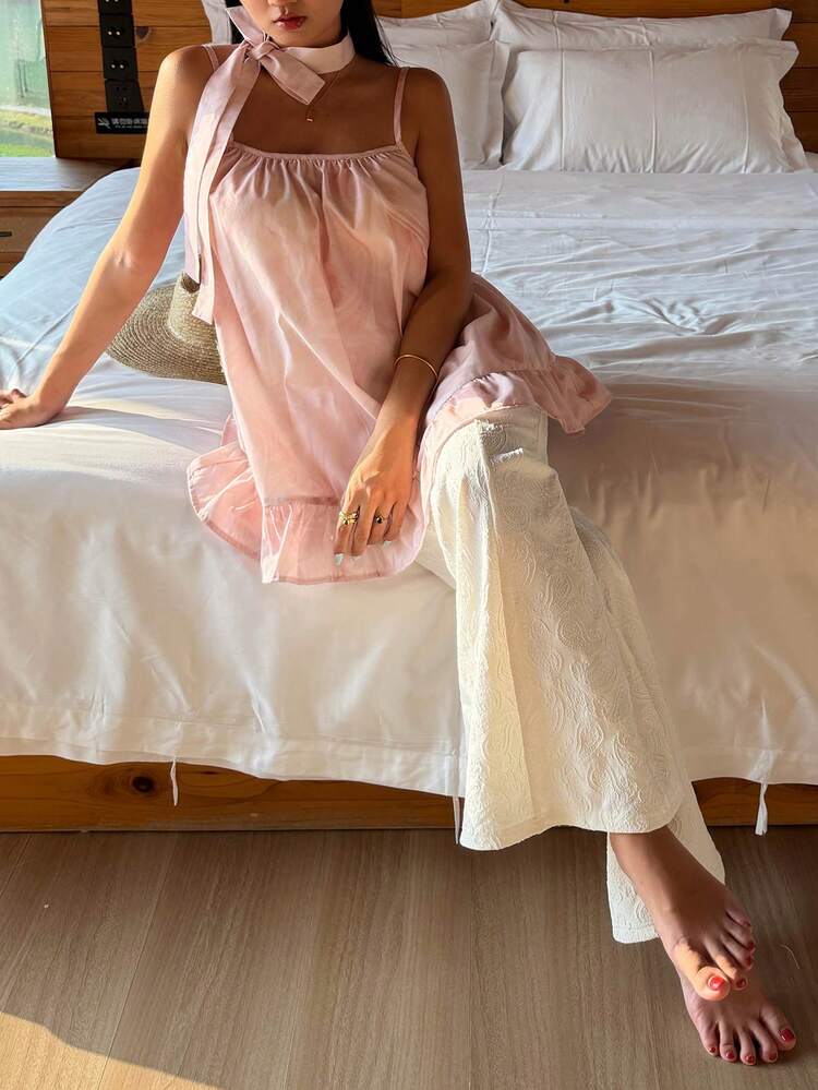Women's Summer Pink Sweet Vacation Style Neck Scarf Decor Camisole Top & Ruffle Hem Flared Pajama Pants Sleepwear Set