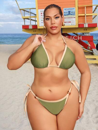 Swim SXY Conjunto de bikini de talla grande de unicolor, con detalles de volantes - Sujetador triangular de halter y Bottom de bikini con lazos laterales