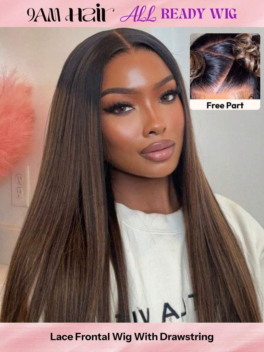 ALL READY WIG Tóc giả 100% tóc thật, kiểu Balayage, màu nắng tự nhiên, kích thước 13x4, ren trước, kiểu Yaki thẳng, có dây rút, đã được cắt tỉa và tẩy màu sẵn, dễ sử dụng, luôn sẵn sàng, ren thoáng khí, phù hợp với mọi kích cỡ đầu, ren trong suốt.