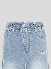 SHEIN Elladie kids 少女牛仔裤，春夏新款，四季皆宜，中度水洗牛仔蓝，心形刺绣，宽松阔腿，面料柔软舒适，适合日常穿着、上学、通勤、聚会等场合。 - 藍色 - 查看 9