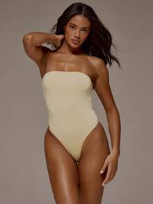 MUSERA ESSENTIALS Bandeau Fitted High Leg Soft Touch Thong Bodysuit Spring Summer Holiday Everyday Cute Daily Basics Essential - Yellow - View 1