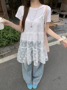 FRIFUL 女士格子吊带背心，蝴蝶结肩带，A字型多层拼接休闲背心，秋季款 - 白色 - 查看 2