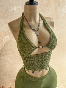 Soleia 女士度假纯色镂空露脐吊带针织上衣和针织短裤两件套 - 綠色 - 查看 5