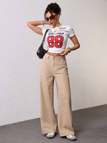 Women's Loose Fit Pockets Wide Leg Casual Denim Jeans - Khaki - View 6