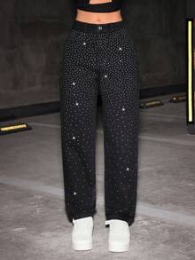 Jeanoix 女士高腰水钻装饰口袋休闲日常牛仔裤 - 黑色 - 查看 4