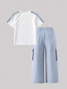 SHEIN Casuvi Kids 2件套女童都市休闲宽松插肩袖撞色复古美式字母可爱甜美T恤+浅蓝色工装裤夏季时尚套装，适合居家、旅行、运动、户外、日常穿着 - 藍白色 - View 3
