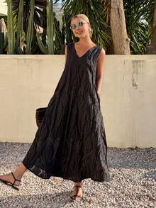 Livesso Women's V-Neck Casual Loose Straight Lace Chiffon Beach Dress, Elegant For Commuting, Spring & Summer - Black - View 4