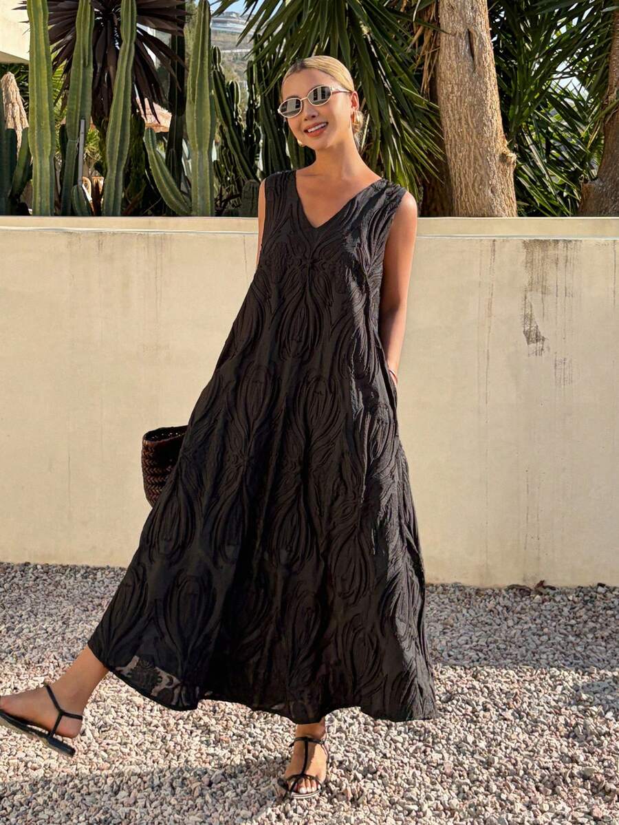 Livesso Women's V-Neck Casual Loose Straight Lace Chiffon Beach Dress, Elegant For Commuting, Spring & Summer - Black - View 1