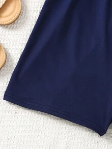 SHEIN Tween Girls' Casual Green Loose Jumpsuit, Suitable For Vacation And Beach - Navy Blue - View 4