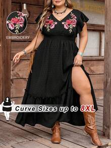 SHEIN CURVE+ Curve 尺码 US22 音乐节、海滨度假、波西米亚风女士西部波西米亚嬉皮节休闲度假刺绣提花V领短袖连衣裙 - 黑色 - 查看 4