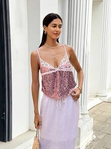 SHEIN Frenchy Áo hai dây ren đính sequin dáng casual mùa hè cho nữ, áo hai dây ren đính sequin màu hồng, áo ngắn cổ chữ V gợi cảm ôm sát, áo hai dây nhỏ kiểu dáng nghỉ hè, áo sequin, áo lấp lánh, áo thêu sequin, áo màu hồng, áo mùa hè nhẹ nhàng sang trọng thanh lịch cho nữ, áo nghỉ hè, áo đi nghỉ mát cho nữ, áo kiểu thanh lịch cho nữ, áo phù dâu, áo dự tiệc. - Màu Hồng baby - Xem 5