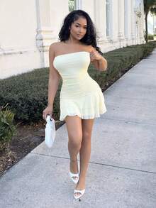 Alexandranx Vestido curto justo sem alças, amarelo creme, primavera/verão, com babados na bainha, vestido fofo de verão, vestido para brunch, vestido amarelo - Amarelo - Ver 6