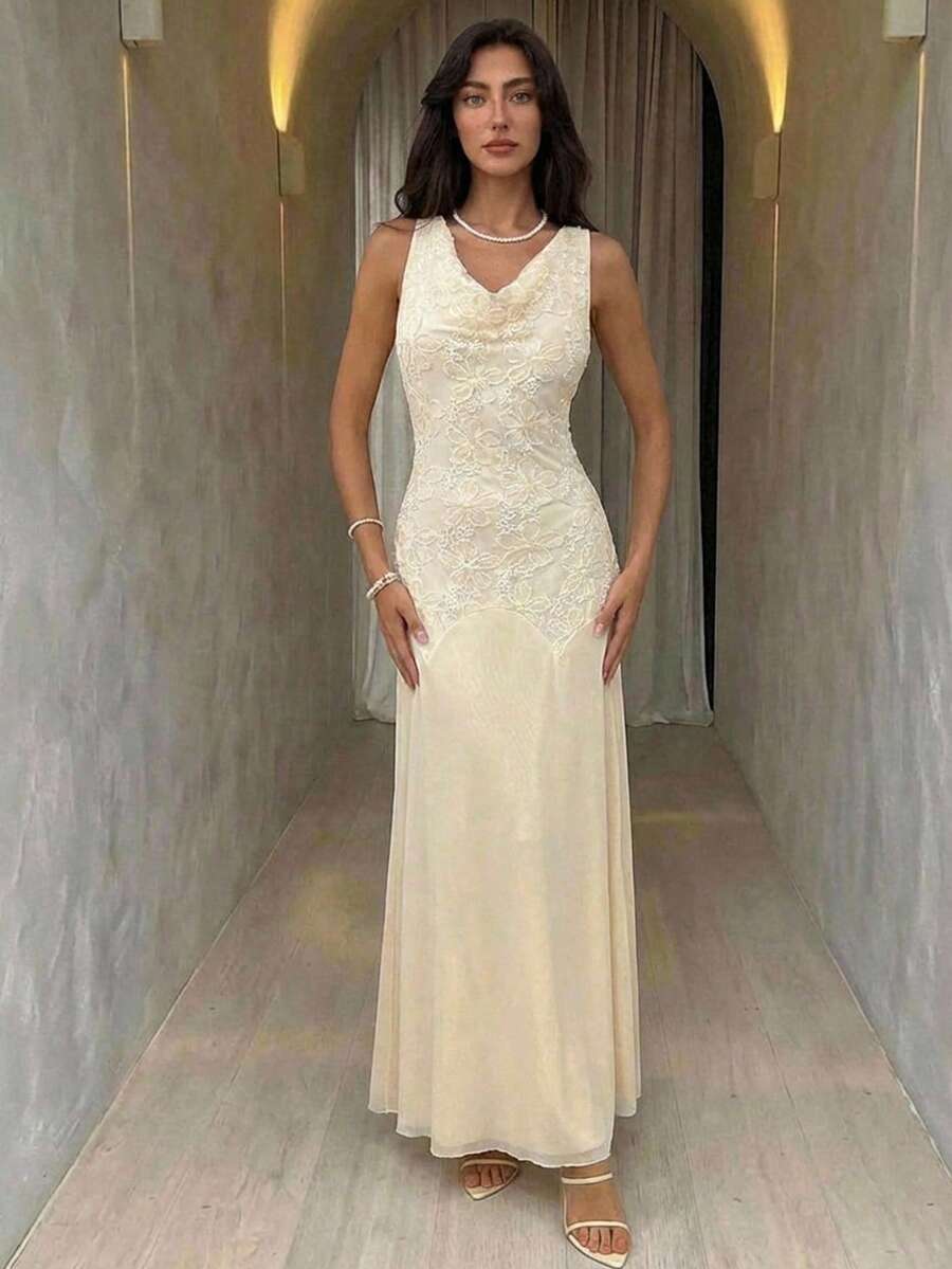 Aloruh 杏色浪漫飘逸荷叶边领口刺绣网眼连衣裙，适合派对、婚礼、度假 - 杏色 - 查看 1