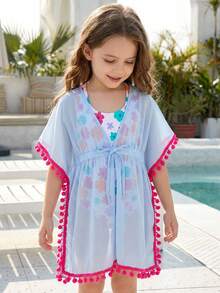 Emery Rose Kids Emery Rose Kids Copri-abito casual ampio per ragazze con frange e colori a contrasto intrecciati - Blu - Visualizzare 4