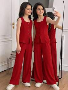 SHEIN Tween Girls' Casual Elegant Commuter Street Fashion Woven Solid Color Button Front Sleeveless Vest Top And Straight Leg Pants Set, Red,Kids - Red - View 8