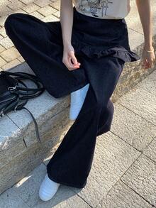 DAZY 女士休闲喇叭牛仔裤，带口袋和荷叶边裤脚，适合日常穿着 - 藍色 - 查看 1