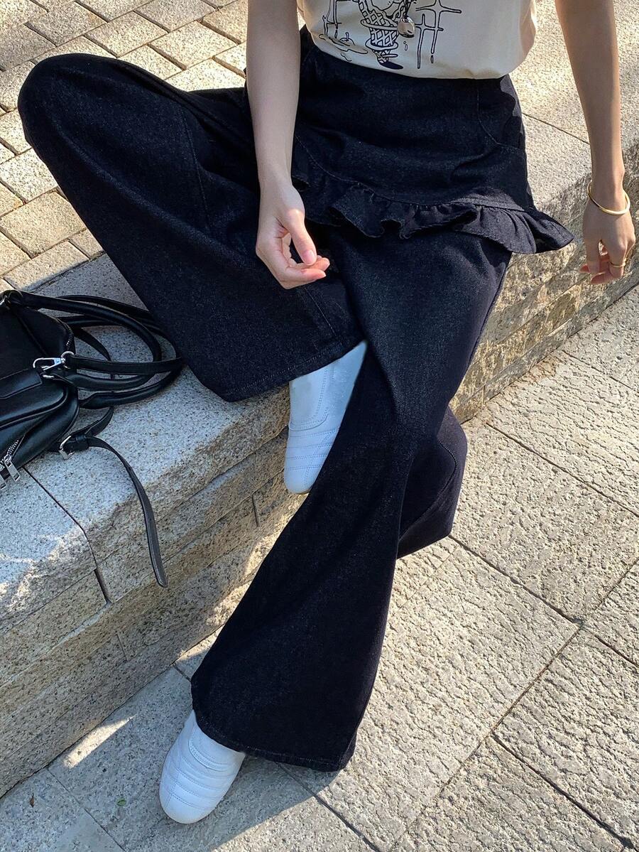 DAZY 女士休闲喇叭牛仔裤，带口袋和荷叶边裤脚，适合日常穿着 - 藍色 - 查看 1