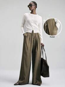 Ontre Pantalones a rayas para mujer 2026SS, de tela tejida, estilo de negocios casual minimalista y elegante para uso diario - Verde militar - Ver 1