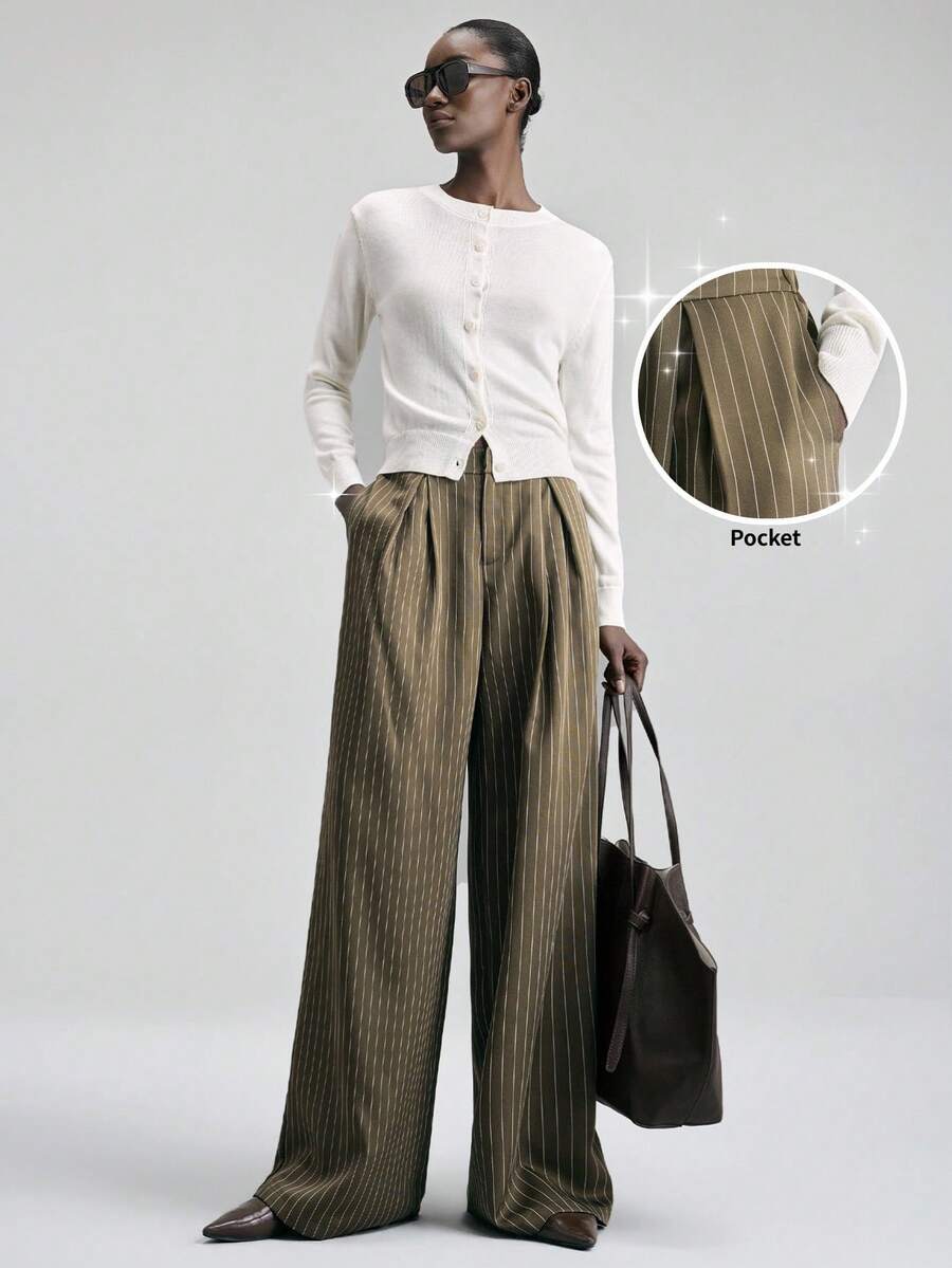 Ontre Pantalones a rayas para mujer 2026SS, de tela tejida, estilo de negocios casual minimalista y elegante para uso diario - Verde militar - Ver 1