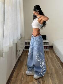 StreetHx Women's Casual Washed Letter Print Wide Leg Jeans - Blue - View 1