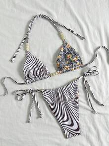 Swim Vcay Women's Random Print Beaded Necklace Bikini Set, Spring/Summer - Multicolor - View 3