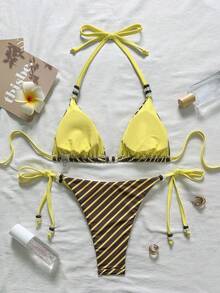 Swim Mod Women's Random Print Beaded Necklace Bikini Set, Spring/Summer - Multicolor - View 3
