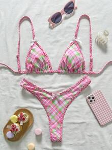 Swim Mod Women's Random Print Spaghetti Strap Bow Tie High Cut Bikini Set, Spring/Summer - Multicolor - View 4