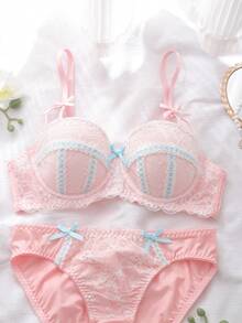 Soft Pink Contrast Lace Lingerie Set, 3D Bow Trim Bandeau Bra And Panty - Pink - View 5