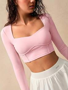 VARSIVA 女士简约纯色甜心领长袖抹胸露脐运动T恤 - 粉色 - 查看 1