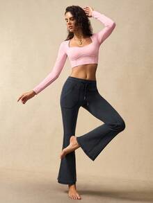 VARSIVA 女士简约纯色甜心领长袖抹胸露脐运动T恤 - 粉色 - 查看 5