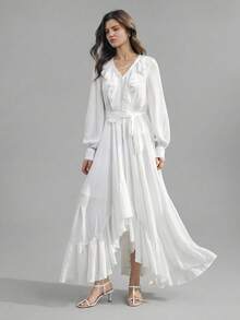 Ontre 2026春夏新款浪漫荷叶边下摆A字宽松连衣裙，适合情人节和婚礼季 - 白色 - 查看 1