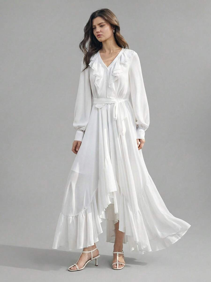 Ontre 2026春夏新款浪漫荷叶边下摆A字宽松连衣裙，适合情人节和婚礼季 - 白色 - 查看 1