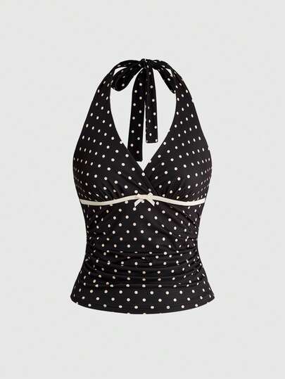 Sweetness 女士性感V领吊带露背波点吊带背心，针织弹力面料休闲上衣，适合日常穿着，春夏款