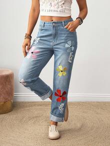 EMERY ROSE Quần jeans nữ dáng casual thêu hoa, có túi, rách. - Màu xanh lam - Xem 4