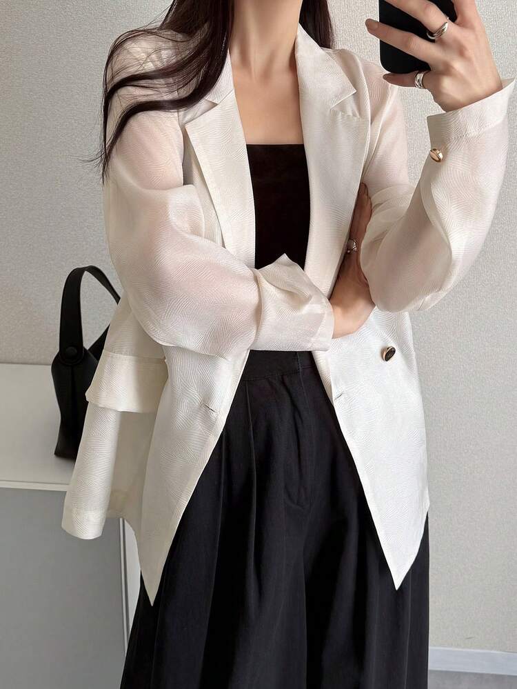 FRIFUL Women's Spring/Summer Solid Color Metal Button Decor Glossy Fabric Loose Casual Versatile Blazer - Beige - View 1