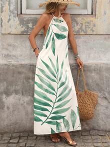 Brillora Women's White Floral Leaf Print Summer Boho Maxi Slip Dress,Casual Vacation Holiday Beach Outfit,Resort Wear Palm Print Long Dress For Woman - Apricot - View 8